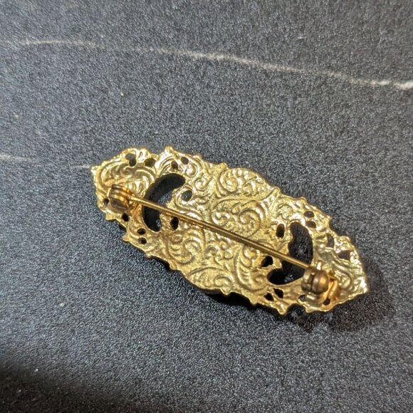 Vintage Gold Brooch With Rose Cameo & Pink Rhinestones 2.5" Floral Design Elegan - Picture 2 of 6